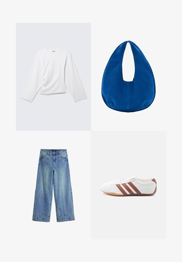 Simpel hvid langærmet rundhalset trøje med subtilt fald foran og en let løs pasform.; Lysblå, brede jeans i denim med høj talje, markante syninger og lappe-lignende detaljer på baglommerne.; Hvid sneaker med lavt snit og brune læderstriber, snørelukning og en sål i gummi, vist fra indersiden på en hvid baggrund.; Blød blå stof hobo skuldertaske med en rundet, halvmåneformet form og en bred åbning til håndtaget i toppen midt på.