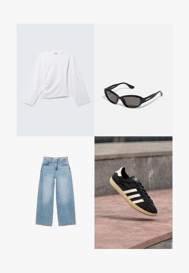 Schlichtes weißes Langarmshirt mit Rundhalsausschnitt, dezentem Drapierelement vorne und leicht lockerem Sitz.; Hellblaue Jeans mit weitem Bein, hoher Taille, Vorderseitentaschen, Gürtelschlaufen und dünnem verstellbarem Kordelzuggürtel.; Schwarzer Adidas-Sneaker mit weißen Streifen und beiger Sohle, in der Luft über einer steinernen Oberfläche und mit Steinwand im Hintergrund aufgenommen.; Schwarze Sonnenbrille mit rechteckigem Rahmen, dunklen Gläsern, glattem Kunststoffmaterial und einem metallischen Akzent am Bügel.