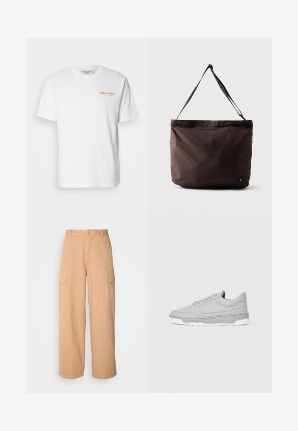 T-shirt en coton blanc à manches courtes et col rond, arborant "EARLY BIRDS" en texte orange sur la poitrine gauche. Texture douce.; Pantalon cargo beige à jambes larges en tissu léger, doté de deux poches latérales et d'une fermeture à bouton à la taille. Texture douce.; Baskets gris clair en cuir lisse avec une texture subtile. Elles présentent des lacets ronds, un logo en relief et une semelle en caoutchouc blanche.; Sac fourre-tout en tissu marron avec une texture lisse, une bandoulière noire réglable et une poche latérale. Il présente une petite étiquette de logo sur le devant.