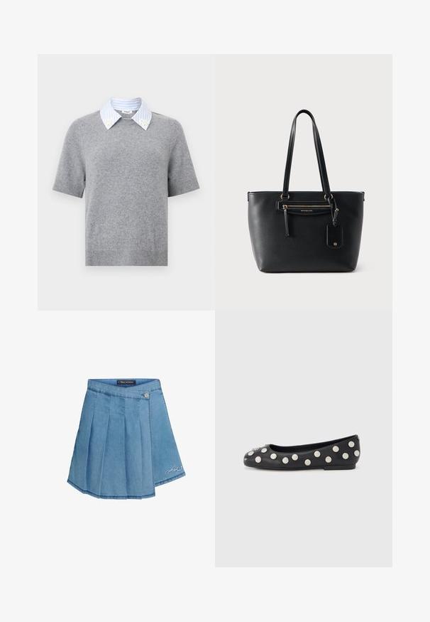 Grijs kortärmelig gebreide top met blauw-wit gestreepte kraag met kleine witte bloemrijke borduursels op de kraagpunten.; Denim rok in lichtblauw met geplooid ontwerp, metalen knoopsluiting en geborduurd detail aan de zoom. Gladde textuur en A-lijn vorm.; Zwarte leren ballerina met ronde zilveren studs langs de zijkant en een decoratief accent op de neus. Platte hak, afgeronde neus ontwerp.; Zwarte leren draagtas met structuur, voorzien van dubbele schouderbanden, een voorvak met ritssluiting en een hangend logolabel, staand tegen een effen achtergrond.