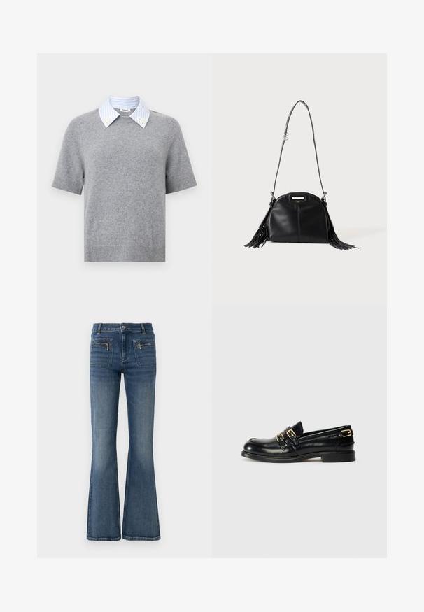 Grå kortærmet strikket top med blå og hvide stribede krave med små hvide blomsterbroderier på kraveenderne.; Blå denim jeans med flare ben og en middelhøj talje, med for- og baglommer samt en subtil falmet vask.; Sorte læder loafers med en blank finish, der har to guldspænder og en lav hæl. Glat tekstur med rund tådesign.; Sort læderhåndtaske med lang skulderrem, lille top-håndtag og frynser på begge sider, vist mod en ensfarvet baggrund.