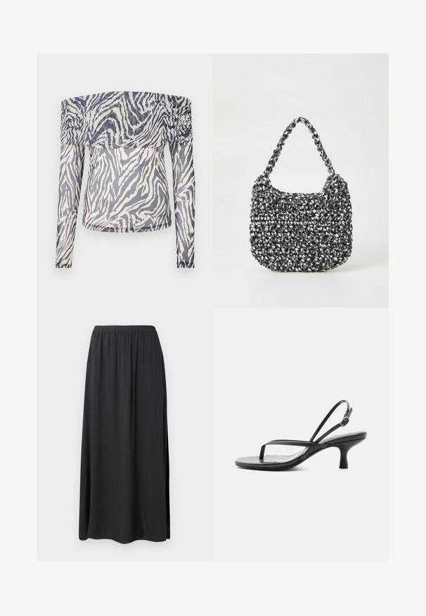 Off-shoulder langærmet top lavet af gennemsigtigt stof med et sort-hvidt zebramønster og rynkede detaljer ved halsudskæringen.; Sort maxiskørt lavet af blødt, flydende stof. Har en elastisk talje og sideslidser, hvilket giver en afslappet pasform og silhuet.; Sort sandal med tynde stropper, lav kittenhæl, tynd tællerem og justerbar ankelrem med sølvspænde, på hvid baggrund.; Vævet håndtaske i sort og hvid med en rund form, tekstureret overflade og et fletet håndtag. Velegnet til afslappet brug.