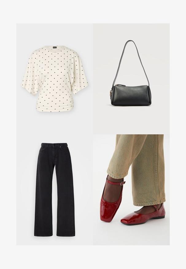 Crèmekleurige korte mouwen blouse met losse pasvorm en zwart polkadotpatroon gelijkmatig verdeeld, met lichte plooitjes in de taille.; Zwarte wijde spijkerbroek van denim, met een klassiek vijfzakkenontwerp en een knoop- en ritssluiting. Soepele textuur met subtiele stiksels.; Rode lakleren schoenen met een vierkante neus, lage hak en enkelbandje, gecombineerd met lichtgroene wijde jeans. Glad textuur, reflecterend oppervlak.; Zwarte rechthoekige leren schoudertas met een lange riem en een bovenste ritsluiting op een lichte achtergrond.