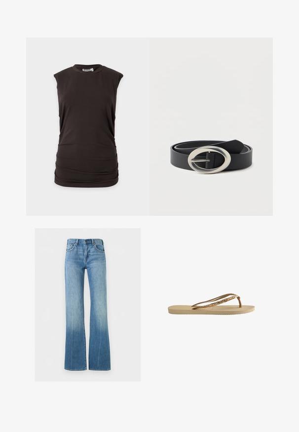 Mouwloze zwarte top met een ronde hals en een lichte plooitjes bij de taille, weergegeven tegen een effen lichte achtergrond.; Lichtblauwe denim jeans met een hoge taille en wijde pijpen, voorzien van steekzakken aan de voorkant en een knoopsluiting.; Tongs met een beige gestructureerde zool, dunne bruine banden en gouden glitters. Lichtgewicht ontwerp geschikt voor casual gebruik.; Zwarte leren riem gerold met een ovale zilveren metalen gesp op een effen witte achtergrond.