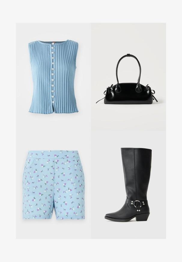Haut sans manches bleu clair avec une texture à côtes verticales et un col rond. Présente des boutons blancs sur le devant et une légère fente à l'ourlet.; Shorts bleus en tissu doux, ornés d'un motif floral avec des fleurs blanches et violettes, et avec des poches latérales. Conçus pour le confort et le style.; Bottines noires en cuir hauteur genou avec un bout pointu, dotées d'une sangle décorative à la cheville et d'accents en métal argenté. Talon bas empilé.; Petit sac à main noir brillant avec deux longues anses et des détails à cordon sur les côtés sur un fond clair uni.