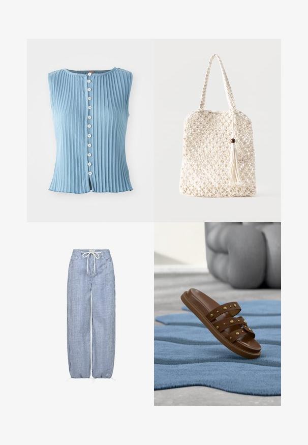 Top sin mangas de color azul claro, con textura acanalada vertical y cuello redondo. Presenta botones blancos en la parte delantera y una ligera apertura en el dobladillo.; Pantalones de pierna ancha a rayas azul y blanco, hechos de tela ligera con cintura elástica y cordón ajustable. Presenta puños fruncidos.; Sandalia tipo chancla marrón con tres tiras tachonadas descansando sobre una alfombra azul texturizada y un objeto escultórico gris en el fondo.; Bolsa tote de algodón blanco tejido con asas trenzadas y un adorno colgante de flecos con detalle de cuenta de madera.
