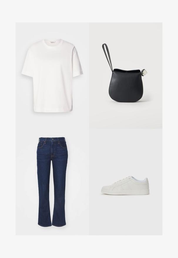 Camiseta de algodón blanca de manga corta, con cuello redondo, corte holgado y textura suave; sin patrones ni elementos visibles.; Jeans acampanados de denim azul oscuro con cintura alta, diseño de cinco bolsillos, costuras contrastantes y cierre de botón. Textura suave.; Zapatillas blancas con upper de cuero liso, punta redonda, suela plana y detalles sutiles en los paneles laterales. Diseño con cordones y un interior suave.; Bolso de muñeca de cuero negro con base redondeada y cierre plateado sobre un fondo blanco liso.