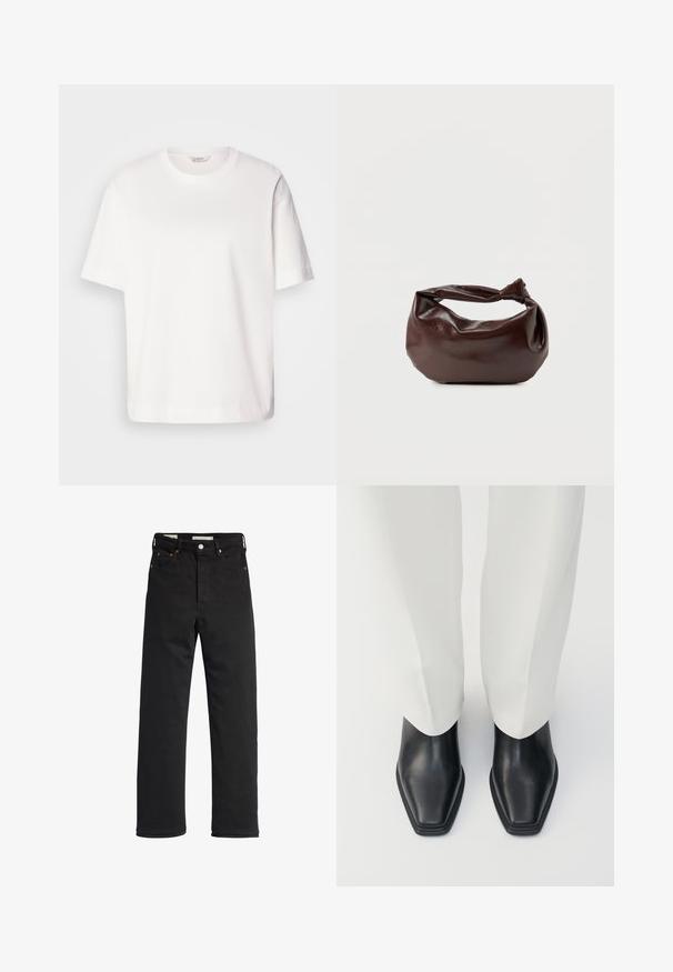 Hvid bomulds t-shirt med korte ærmer, rund halsudskæring, afslappet pasform og glat tekstur; ingen mønstre eller synligt hardware.; Sorte denim jeans med lige ben, der har en høj talje, fem-lomme design, metal knaplukning og minimale syninger.; Sorte læder ankelstøvler med spids tå og lav stableret hæl, parret med hvide vidde bukser. Glat tekstur, elegant design.; Mørkebrun læder skuldertaske med en blød, afslappet form og et snoet knudehåndtag på en ensartet hvid baggrund.