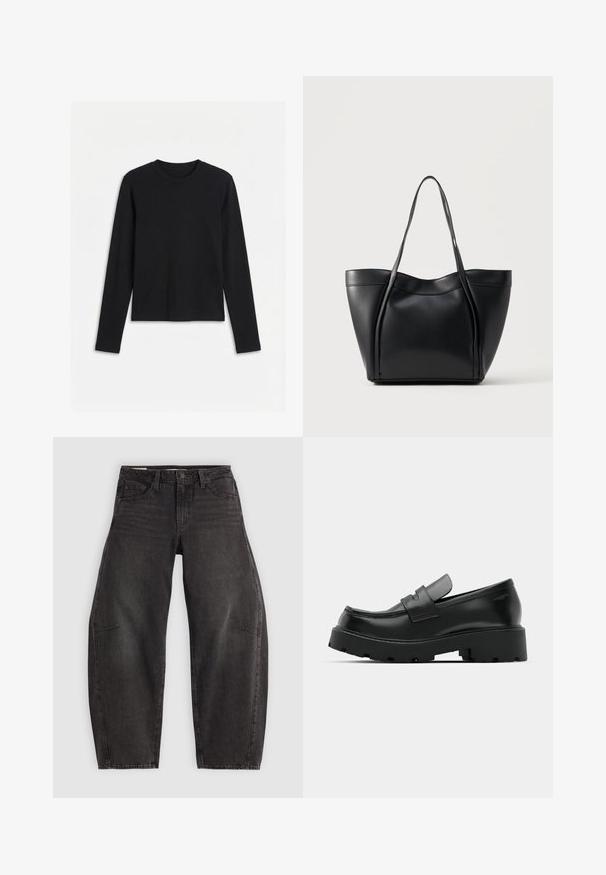 Sort langærmet T-shirt med bådhals og tætsiddende, ensartet design vist på hvid baggrund.; Sorte denim jeans med en afslappet pasform, der har fem lommer, knaplukning og subtil fading. Stoffet har en glat, robust tekstur.; Sorte læder loafers med en chunky tekstureret sål, der har en rem over vamps og en glat, poleret finish.; Sort lædertaske med to lange håndtag og en let buet topkant, vist mod en ensfarvet lys baggrund.