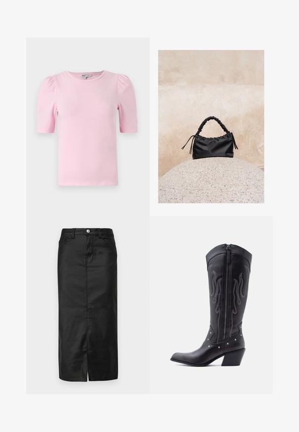 T-shirt rose clair à manches courtes en tissu doux. Dispose d'un col rond classique et de manches bouffantes froncées pour plus de texture.; Jupe midi en denim noir avec fente avant, design à cinq poches et fermeture à bouton en métal. Texture lisse et forme classique droite.; Bottes de cow-boy en cuir noir avec bout pointu, coutures apparentes, ornements à clous argentés et fermeture éclair sur le côté intérieur.; Sac à main noir froncé avec une poignée froncée, posé sur une sphère en pierre texturée devant un mur en béton beige.