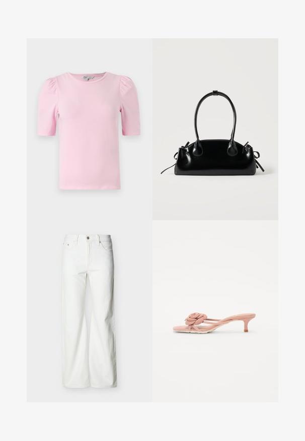 Camiseta de manga corta de color rosa claro hecha de tela suave. Presenta un cuello redondo clásico y mangas abullonadas con fruncidos para añadir textura.; Vaqueros blancos de talle alto y pierna recta con botón frontal, cierre de cremallera y bolsillos laterales y traseros, sobre un fondo liso y claro.; Chanclas de color rosa claro con un detalle texturizado de flor en la tira y un tacón pequeño. Material suave y diseño abierto.; Pequeño bolso negro brillante con dos asas largas y detalles de cordón lateral sobre un fondo claro liso.