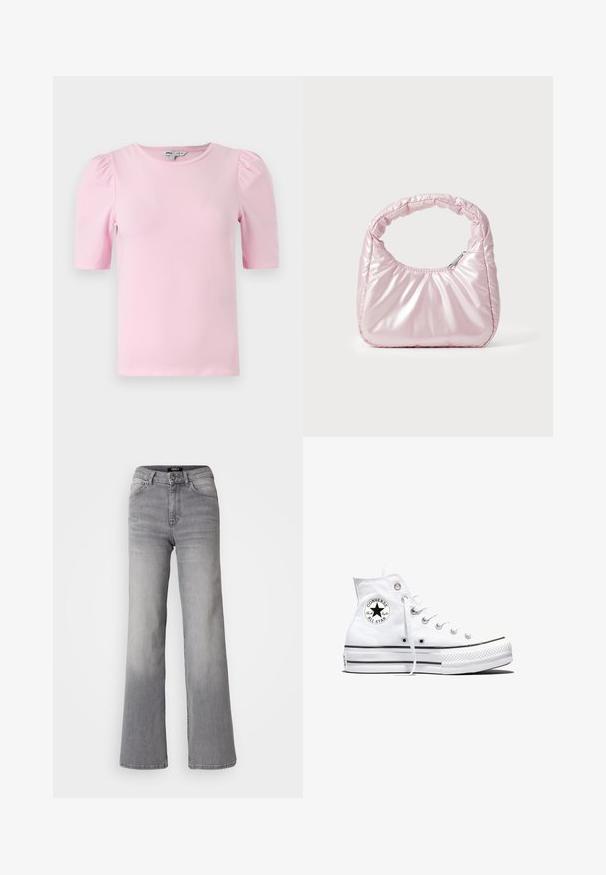 Lichtroze, kortärmige T-shirt gemaakt van zachte stof. Heeft een klassieke ronde hals en gathered pofmouwen voor extra textuur.; Grijs denim jeans met hoge taille en rechte pijpen, voorzien van een knoop en ritssluiting aan de voorkant, voor- en achterzakken, en een vervaagde schaduw op de dijen en kuiten.; Witte hoge Converse Chuck Taylor All Star sneaker met zwart logopatch en witte veters, weergegeven op een witte achtergrond.; Roze, gevoerde handtas met een afgeronde vorm, gemaakt van glanzend materiaal. Beschikt over een geplooide handgreep en een ritssluiting voor veilige toegang.