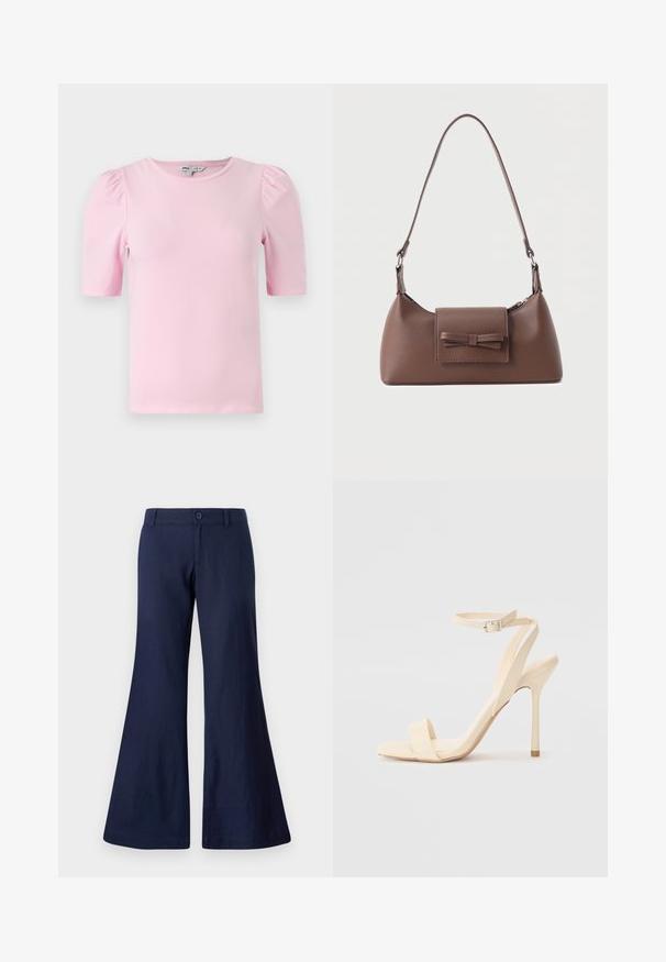 Camiseta de manga corta de color rosa claro hecha de tela suave. Presenta un cuello redondo clásico y mangas abullonadas con fruncidos para añadir textura.; Pantalones acampanados azul marino hechos de algodón, con cierre de botón, presillas para cinturón y una textura suave con aberturas de pierna anchas.; Sandalia de tacón alto beige con una delgada correa en el tobillo y puntera cuadrada. Material sintético suave, diseño minimalista y tacón de aguja.; Bolso bandolera de cuero marrón con un bolsillo frontal de solapa que presenta un detalle de moño cosido y una correa ajustable.