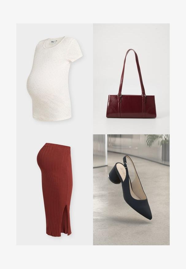 Weißes Umstands-T-Shirt mit kurzen Ärmeln, kleinem rosa Blumenmuster und rundem Ausschnitt vor einfarbigem Hintergrund.; Rostfarbener, gerippter Midirock aus Strick mit hoher Taille und seitlichem Schlitz, auf hellem, einfarbigem Hintergrund präsentiert.; Schwarzer Slingback-High-Heel-Schuh mit spitz zulaufender Zehenpartie, glatter Textur und einem Metallelement am Absatz, ausgestattet mit einer kleinen verstellbaren Schnalle.; Burgunderfarbene Handtasche aus glänzendem Material, rechteckige Form, mit zwei Schulterriemen und subtilen, geschwungenen Akzenten an der Vorderseite.