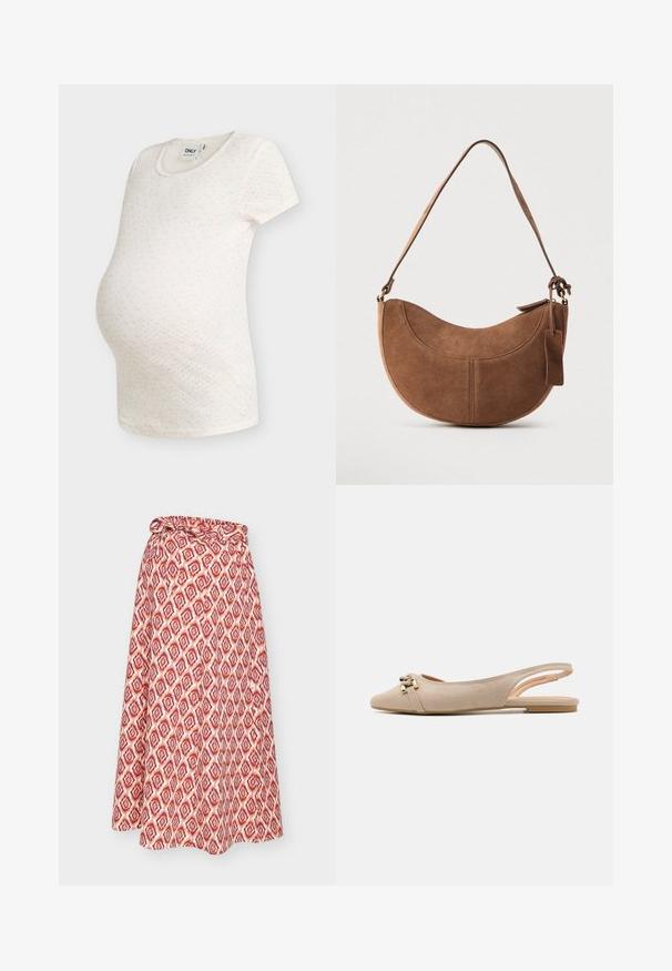 Wit zwangerschaps-T-shirt met korte mouwen, een klein roze bloemenpatroon en een ronde hals op een effen achtergrond.; Rood-witte wikkelrok met een strik in de taille, voorzien van een geometrisch patroon en een vloeiende silhouet.; Beige slingback ballerina's van zacht suède, met een slanke, puntige neus, decoratieve gouden metalen accenten en een minimalistisch ontwerp.; Bruine suède handtas met een gebogen, halve maanvorm. Voorzien van een schouderriem, een klein label en zichtbare stiksels langs de randen.