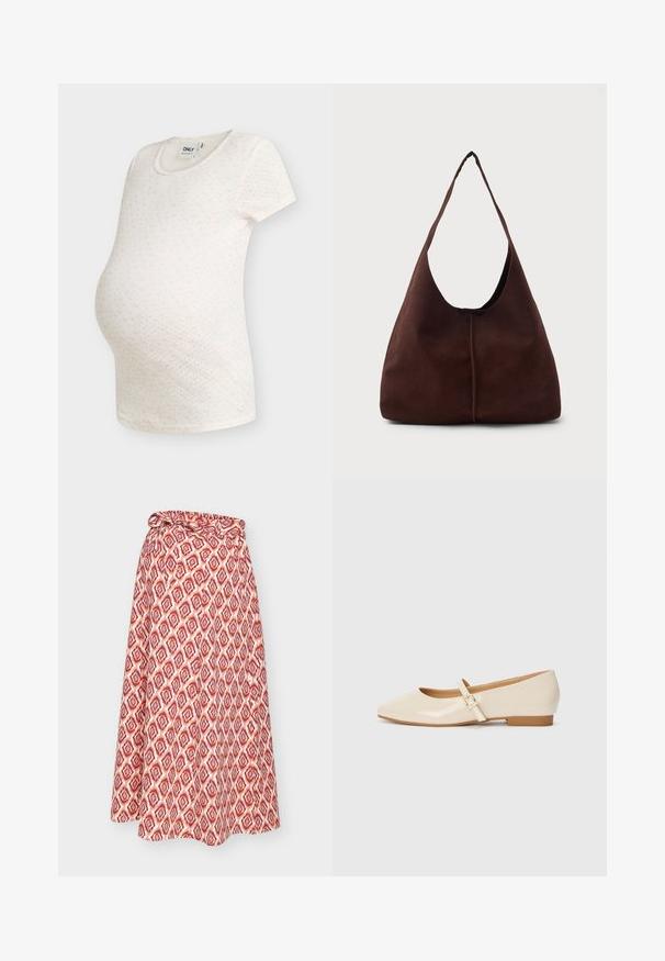 Hvid kortærmet graviditetst-shirt med lille pink blomsterprint og rund halsudskæring på ensfarvet baggrund.; Rødt og hvidt mønstret omslagsnederdel med bindebånd i taljen, med et geometrisk design og en flydende silhuet.; Beige patentlæder balletflade med firkantet tå, lille hæl og justerbar ankelrem med guldspænde accent.; Brun suedette hobo taske med en stor, buet åbning og en bred skulderrem. Har en centreret søm på forsiden. Glat tekstur.