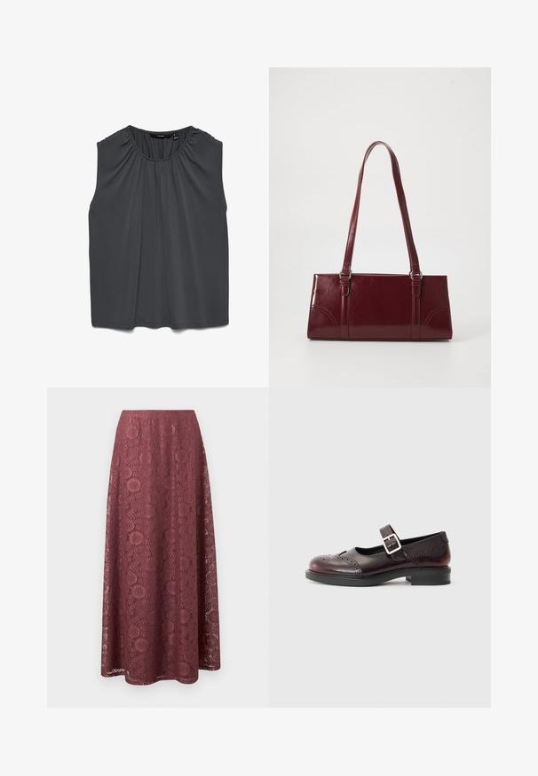 Dunkelgraue ärmellose Bluse mit gerafftem Ausschnitt und lockerem Sitz aus glattem, leichtem Stoff.; Langer lavendelfarbener Spitzenrock mit floralen und geometrischen Mustern, A-Linien-Silhouette und einem glatten Bund.; Mary-Jane-Schuhe aus dunkelburgunderfarbenem Lackleder, mit gestanzten Details und einem geschnallten Riemen. Niedriger Blockabsatz, runde Zehenform.; Burgunderfarbene Handtasche aus glänzendem Material, rechteckige Form, mit zwei Schulterriemen und subtilen, geschwungenen Akzenten an der Vorderseite.