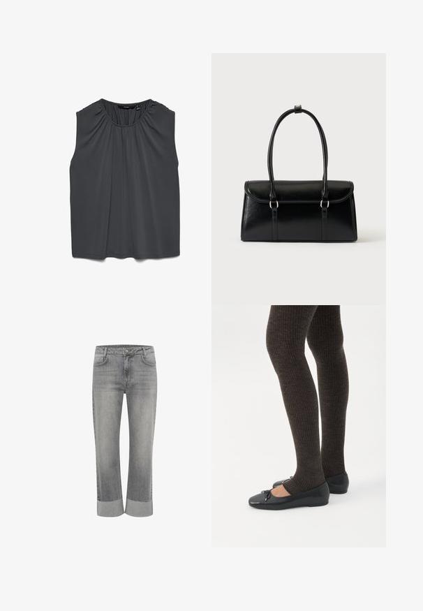 Donkergrijze mouwloze blouse met geplooide halslijn en losse pasvorm, gemaakt van glad, lichtgewicht stof.; Grijze denim jeans met een straight-leg ontwerp, voorzien van een omgevouwen zoom. Klassieke vijf-pocket stijl en een knoopsluiting aan de voorkant.; Benen met donkere geribbelde leggings gecombineerd met zwarte ballerina's met kleine strikdetails op een witte achtergrond.; Zwarte leren rechthoekige handtas met klep en twee lange handvatten tegen een effen witte achtergrond.