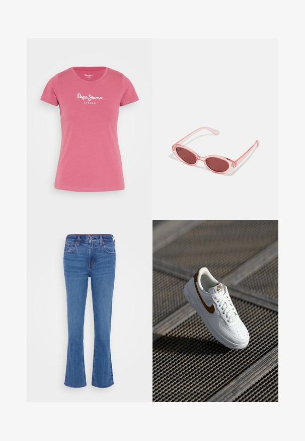 Pepe Jeans NEW VIRGINIA - T-shirt imprimé - dark blush; Jean en denim bleu évasés avec une taille mi-haute, poches avant, décoloration subtile et ourlet effiloché. Le tissu présente une texture lisse et robuste.; Baskets en cuir blanc avec perforations, logo Nike marron et lacets. Dispose d'une semelle texturée et d'un col rembourré.; Lunettes de soleil transparentes roses avec des verres ovales, teintés d'un rouge foncé, et des branches fines, présentant une finition lisse et des détails subtils sur la monture.