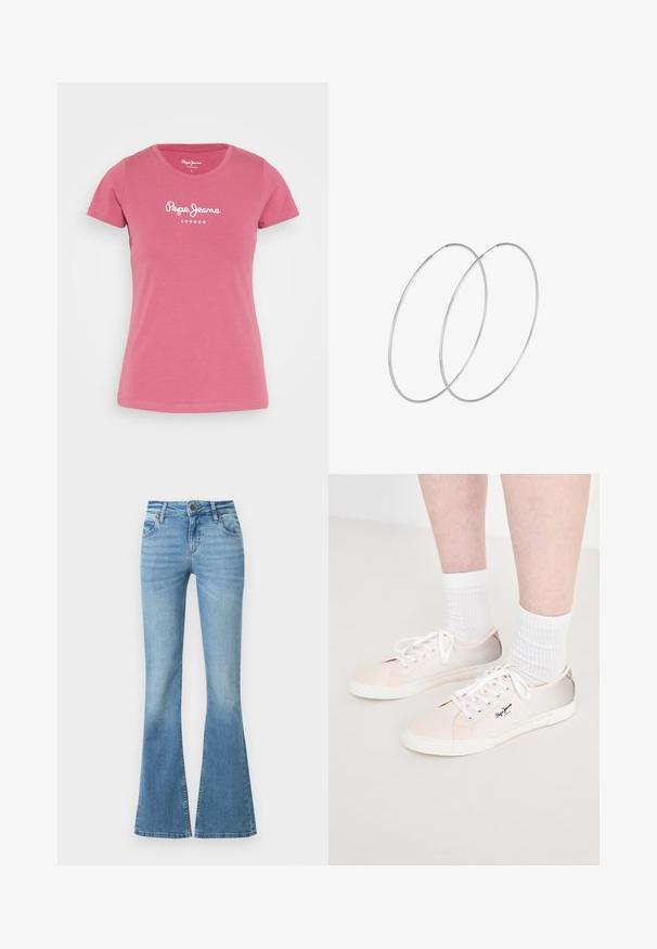 Pepe Jeans NEW VIRGINIA - Tričko s potlačou - dark blush; Svetlomodré rifle z denimu s vysokým pásom, piatimi vreckami a zvonovými nohavicami, zapínanie vpredu na gombík a zips, jemné blednúce detaily.; Svetlé kanvasové tenisky s bielymi šnúrkami, s ružovými a béžovými akcentmi, bielou gumovou podrážkou a logom na boku.; Strieborné kruhové náušnice s minimalistickým dizajnom. Cirkulárny tvar, hladký povrch a tenký profil. Ľahké s lesklým povrchom.