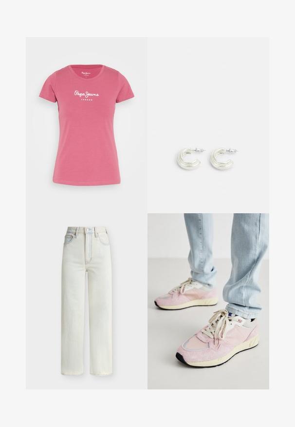 Pepe Jeans NEW VIRGINIA - Μπλουζάκι με στάμπα - dark blush; Τζιν με ψηλή μέση και ίσια γραμμή σε ανοιχτό μπλε χρώμα, με κουμπί μπροστά, φερμουάρ και πεντάτσεπη σχεδίαση.; Ροζ σουέτ και διχτυωτά αθλητικά παπούτσια με ανοιχτό γκρι λεπτομέρειες, κρεμ κορδόνια και κίτρινη σόλα, που διαθέτουν μαύρη εξωτερική σόλα και λεπτομέρεια με λογότυπο.; Ασημένια σκουλαρίκια σε σχέδιο στροβιλιστού κρίκου, με υφή στην επιφάνεια και ραβδωτές λεπτομέρειες, ασφαλισμένα με κούμπωμα κοντάρι.