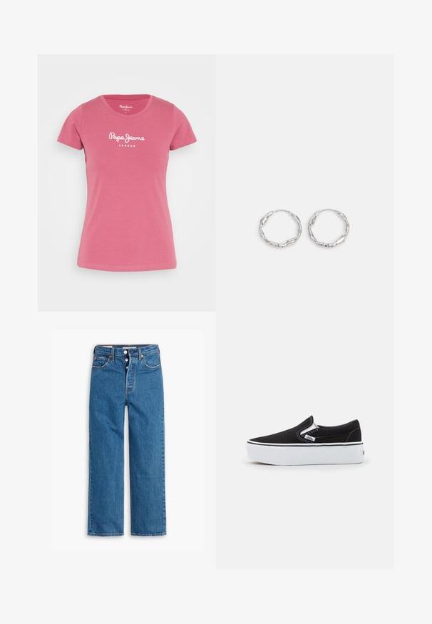 Pepe Jeans NEW VIRGINIA - T-shirts print - dark blush; Blå denim lige ben jeans med høj talje, fem lomme design og knaplukning. Markante syninger og kobberfarvede nitter.; Sorte canvas slip-on sko med en hvid gummi sål, der har elastiske sidelåg og kontrasterende syninger. Brandlogo synligt på siden.; Sølv hoops med en bølget, uregelmæssig tekstur. Har en tynd, cirkulær form og en reflekterende finish.