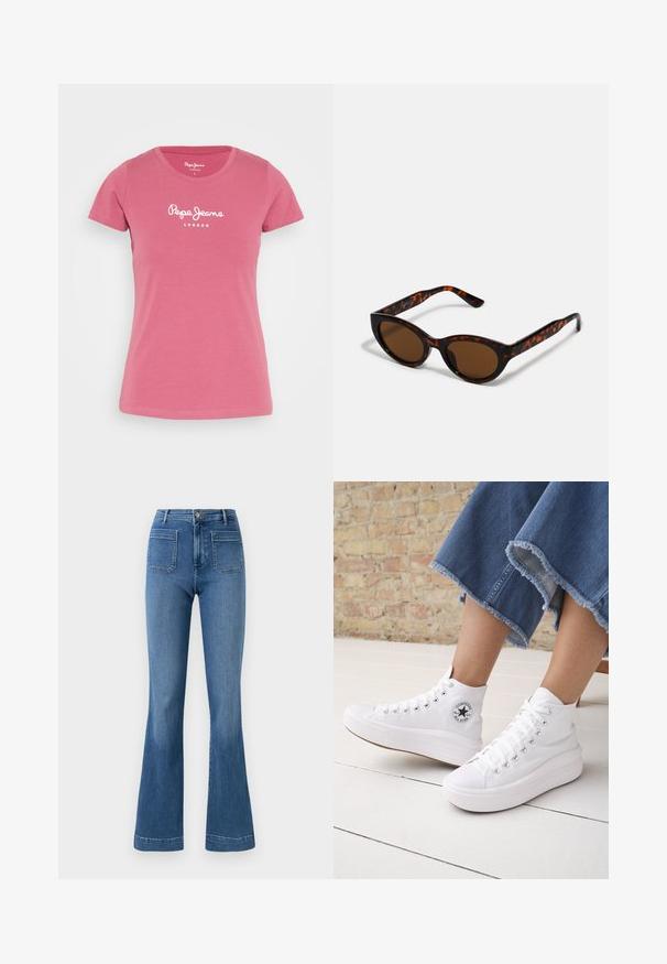 Pepe Jeans NEW VIRGINIA - T-shirt imprimé - dark blush; Jean évasé en denim de couleur bleue avec une taille mi-haute, comportant deux poches arrière et un ourlet net. Texture lisse et design classique.; Personne portant des baskets Converse blanches montantes avec des semelles épaisses et un jean bleu court à ourlet effiloché, contre un mur en briques et un sol blanc.; Lunettes de soleil en écaille de tortue marron avec une forme vintage de lunettes cat-eye et des verres marron. Présente des branches courbées avec des accents rouges.