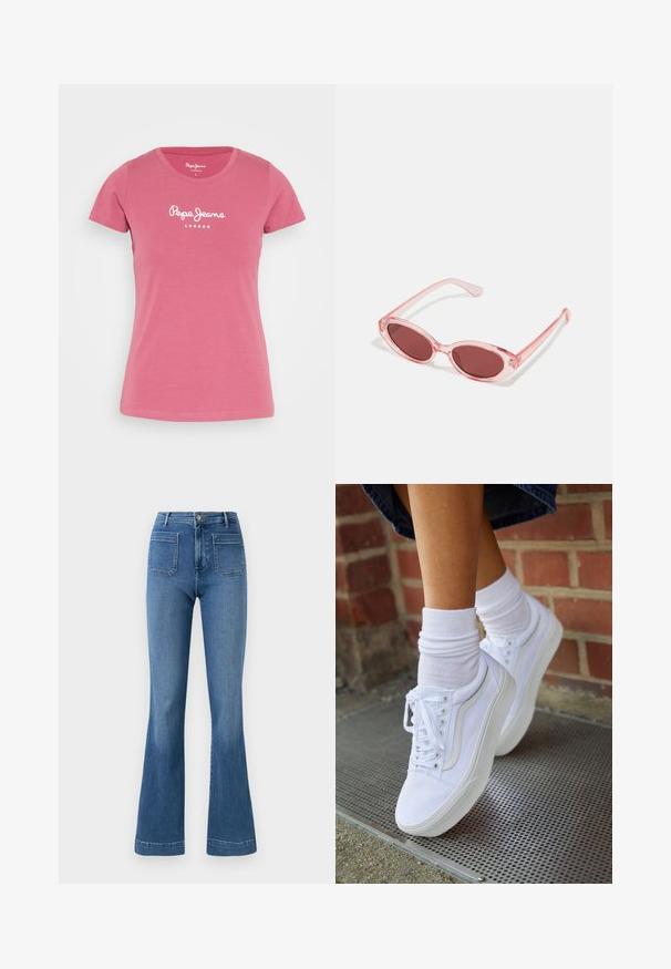 Pepe Jeans NEW VIRGINIA - Camiseta estampada - dark blush; Jeans acampanados de color azul hechos de mezclilla con una cintura de altura media, que cuentan con dos bolsillos traseros y un dobladillo limpio. Textura suave y diseño clásico.; Zapatillas de lona blancas con suelas de goma, que presentan seis ojales, puntera redonda y detalles de costura ligera, combinadas con calcetines blancos hasta el tobillo.; Gafas de sol transparentes rosas con lentes ovalados, tinte rojo oscuro y varillas delgadas, con un acabado suave y detalles sutiles en la montura.