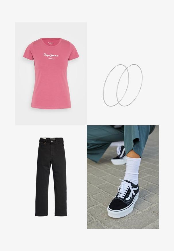 Pepe Jeans NEW VIRGINIA - T-shirt imprimé - dark blush; Jean en denim noir avec une coupe droite, présentant une taille haute, un design à cinq poches, une fermeture à bouton en métal et des détails de couture minimalistes.; Baskets en suède noir avec des accents et des lacets blancs, présentant une épaisse semelle blanche et des coutures contrastantes, associées à une chaussette blanche.; Boucles d'oreilles en argent au design minimaliste. Forme circulaire, texture lisse et profil fin. Légères avec une finition polie.