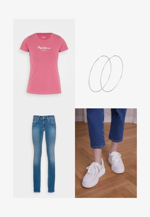 Pepe Jeans NEW VIRGINIA - T-shirt print - dark blush; Lichtblauwe denim jeans met een slim fit, vijf zakken en contrasterende oranje stiksels, met een knoop- en ritssluitingen.; Benen met cropped blauwe jeans en witte vetersneakers met plateauzool, staand op een lichte houten vloer.; Zilveren hoepel oorbellen met een minimalistisch ontwerp. Cirkelvormig, gladde textuur en dun profiel. Lichtgewicht met een gepolijste afwerking.