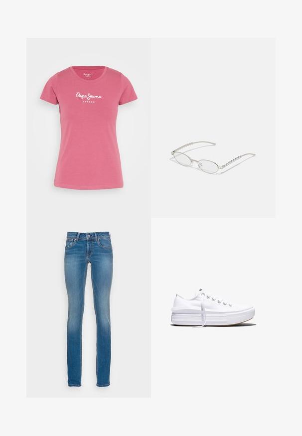 Pepe Jeans NEW VIRGINIA - T-shirts print - dark blush; Lysblå denimjeans med slim fit, fem lommer og kontrasterende orange syninger, med knap- og lynlåslukning.; Hvid lavt snørestøvle med tyk plateau-sål, snørelukning foran og gummiforstærket tåkap, set i sideprofil.; Ovale briller med en metallisk sølvramme, klare linser og strukturerede perleaccentede stænger. Letvægtsdesign med buede arme.
