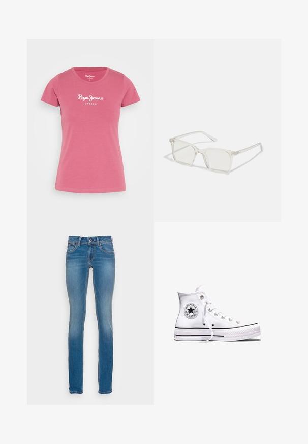 Pepe Jeans NEW VIRGINIA - Μπλουζάκι με στάμπα - dark blush; Ανοιχτό μπλε τζιν παντελόνι με σφιχτή εφαρμογή, πέντε τσέπες και αντίθετη πορτοκαλί ραφή, φέρει κλείσιμο με κουμπί και φερμουάρ.; Λευκό ψηλό αθλητικό παπούτσι Converse Chuck Taylor All Star με μαύρες ρίγες και λογότυπο στο πλάι, τοποθετημένο σε απλό λευκό φόντο.; Διάφανα πλαστικά γυαλιά με τετράγωνους σκελετούς και διαφανείς φακούς, με χρυσές λεπτομέρειες στους βραχίονες για επιπλέον στυλ.
