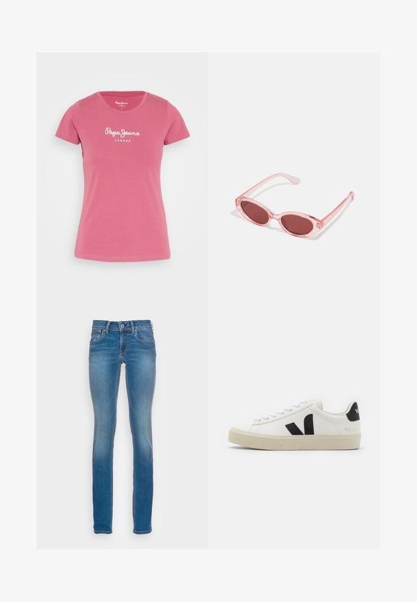 Pepe Jeans NEW VIRGINIA - Trükipildiga T-särk - dark blush; Heledad helesinised teksad kitsaste lõigetega, viie taskuga ja kontrastsete oranžide õmblustega, varustatud nupuga ja tõmblukuga kinnitusega.; Valge nahast teniseking, millel on must kummist V logo. Tekstuuriga heledat valget värvi tald, valged paelad ja tagakanna detail, millel on brändinimi mustas kirjas.; Roosa läbipaistvusega prillid ovaalsete läätsedega, tumepunase varjundiga ja peenikeste varsidega, millel on sile viimistlus ja peened detailid raamile.