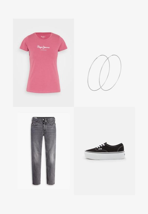 Pepe Jeans NEW VIRGINIA - T-shirt print - dark blush; Grijze denim jeans met een hoge taille. Voorzien van vijf zakken, een knoop- en ritssluiting, en een subtiele vervaagde textuur met contrasterende stiksels.; Zwarte canvas sneaker met een witte rubberen platformzool, voorzien van witte veters en stiksels, iconische branding op de zijkant, low-top ontwerp.; Zilveren hoepel oorbellen met een minimalistisch ontwerp. Cirkelvormig, gladde textuur en dun profiel. Lichtgewicht met een gepolijste afwerking.