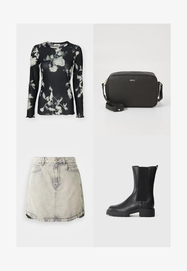 T-shirt noir à manches longues avec une texture côtelée, comportant un motif floral blanc et des bords festonnés. Étiquette visible au niveau du cou.; Jupe en denim gris clair avec une texture délavée, dotée d'une taille à boutons, de poches avant et d'une ourlet légèrement courbé.; Bottine en cuir noir avec panneaux latéraux élastiques, bout rond et semelle en caoutchouc épaisse. Présente un logo discret embossé sur le côté.; Sacoche en cuir noir à bandoulière avec finition texturée, fermeture éclair, sangle ajustable et logo métallique sur le devant.