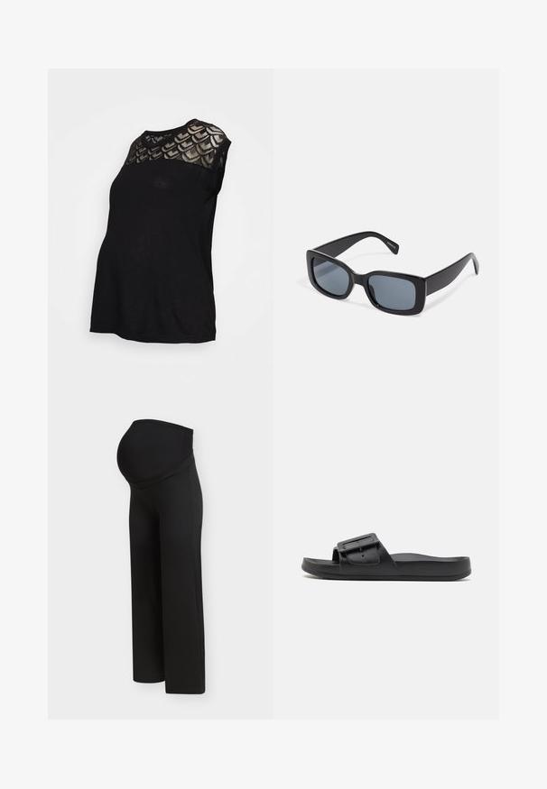 Blusa de maternidad negra con un tejido texturizado y con patrón en los hombros. Presenta mangas cortas y un corte relajado. Material suave con ligero brillo.; Pantalones de maternidad negros con una cintura alta y elástica diseñada para soportar el vientre de una mujer embarazada, mostrados sobre un fondo claro y liso.; Chancla negra con una correa ancha, hebilla ajustable, suela plana y textura mate suave. Diseño simple sin patrones adicionales.; Gafas de sol rectangulares negras con lentes oscuros, montura de plástico grueso y patillas anchas. Superficie lisa y diseño anguloso.