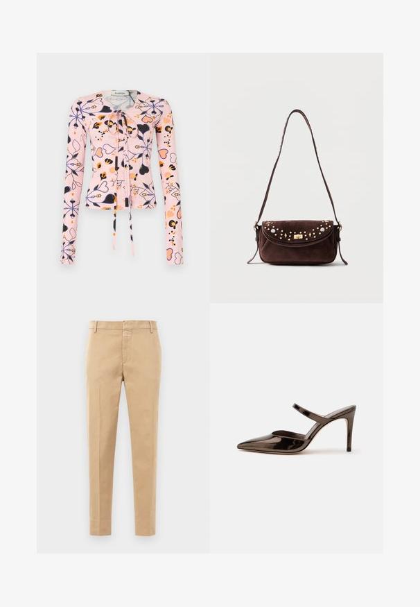 Blusa ajustada de manga larga en color rosa con patrones florales y de corazones en azul, negro y naranja, presenta un escote con nudo frontal y ligero fruncido.; Pantalones de algodón beige con corte recto, que presentan una cremallera en la parte delantera y dos bolsillos laterales. Sin patrones ni acentos visibles.; Mule de tacón alto de punta estrecha de color marrón oscuro brillante con una tira delgada sobre el empeine sobre un fondo blanco liso.; Bolso de hombro de ante marrón oscuro con solapa, cierre giratorio en tono dorado y adornos decorativos con tachuelas doradas y plateadas.
