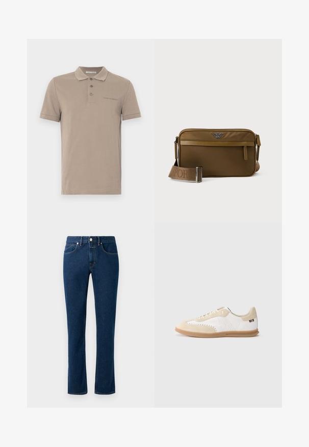 Poloshirt aus hellbrauner Baumwollmischung, mit einer Knopfleiste mit drei Knöpfen, kurzen Ärmeln und einem dezenten gestickten Logo auf der Brust.; Dunkelblaue Denim-Jeans mit einem schlanken, geraden Bein, klassischem Fünf-Taschen-Design und einem Knopfverschluss am Bund.; Weißer Sneaker mit hellbeigen Wildledereinsätzen, perforierten Details, flachen Schnürsenkeln und einer Gummisohle in Karamellfarbe. Mit gestreiftem Markenlogo an der Ferse.; Braune rechteckige Umhängetasche mit vorderer Reißverschlusstasche, verstellbarem Riemen mit Markenprägung und Metall-Logo in der oberen Mitte.