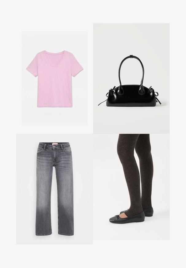 Lyserød kortærmet V-hals T-shirt lagt fladt på en hvid baggrund, der viser forsiden og et simpelt design.; Grå denim jeans med lige bendesign, fem-lommestil, subtil fading og trykknaplukning i taljen.; Ben iført mørke ribbede leggings kombineret med sorte balletsko med små sløjfedetaljer på hvid baggrund.; Lille sort blank håndtaske med to lange håndtag og snøre-detaljer i siden på en ensfarvet lys baggrund.