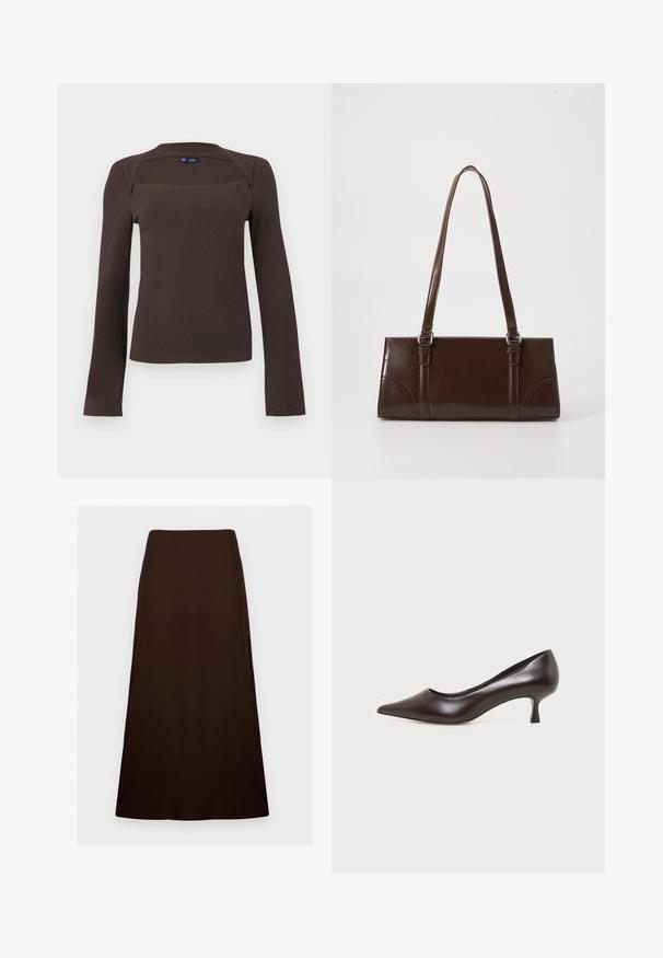 Haut à manches longues côtelé de couleur marron foncé avec un col carré et un léger détail de col, étiquette taille petite de GAP, présenté sur un fond uni.; Jupe marron foncé, longueur cheville, forme trapèze avec une texture lisse et unie et une taille ajustée sur un fond blanc uni.; Escarpin en cuir marron foncé à bout pointu avec petit talon incurvé sur fond blanc.; Sac à main en cuir verni marron de forme rectangulaire, avec deux longues poignées et des accents courbés subtils à l'avant.