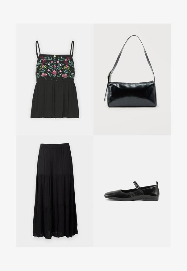 Haut noir à fines bretelles, avec une broderie florale colorée sur le buste et une taille ample froncée. Texture de tissu douce.; Jupe longue noire à volants avec une ceinture élastique et une texture de tissu légèrement froissée, suspendue sur un fond blanc.; Chaussure plate en cuir verni noir avec un bout pointu, une sangle de cheville avec boucles, et une texture lisse et brillante. Talon bas pour le confort.; Sac d'épaule rectangulaire noir avec une sangle réglable unique et une fermeture éclair supérieure sur un fond uni.