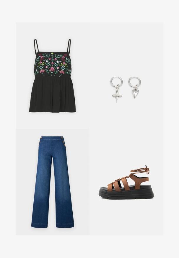 Haut noir à fines bretelles, avec une broderie florale colorée sur le buste et une taille ample froncée. Texture de tissu douce.; Pantalon en denim bleu foncé à jambes larges. Il présente un devant plat avec cinq boutons dorés pour la fermeture. Texture lisse avec une finition classique.; Sandale à brides en daim marron avec semelle plateforme noire épaisse et fermeture à lacets autour de la cheville, vue de côté sur un fond clair.; Boucles d'oreilles en argent en forme de cerceau avec un charme croix et cœur. Texture lisse et brillante avec une finition polie. Chaque charmepend d'une boucle sécurisée.