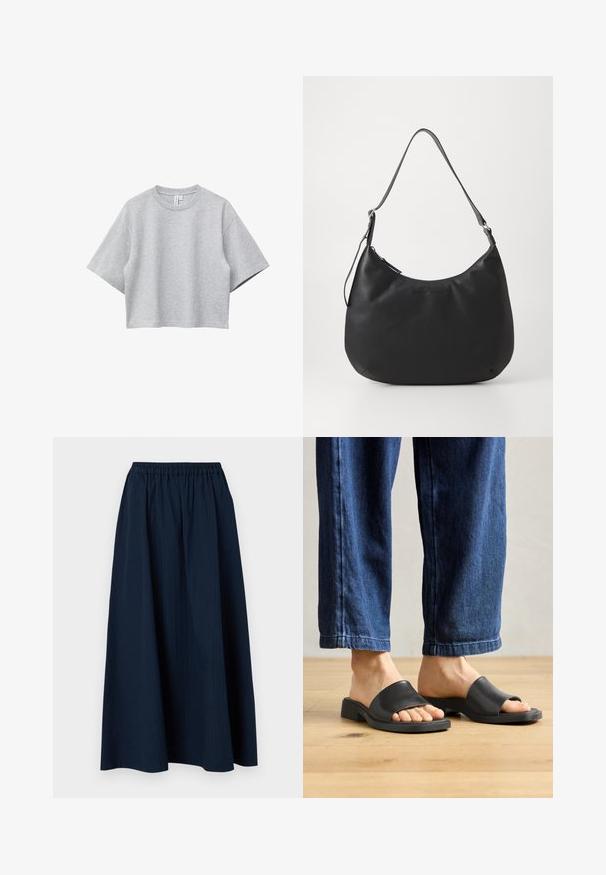 T-shirt gris clair à manches courtes, court, col rond et coupe décontractée, présenté sur un fond blanc.; Jupe longue bleu marine en tissu texturé, avec une taille élastique et de subtils rayures verticales.; Des sandales noires à enfiler en matériau lisse, avec un bout ouvert et une large bande supérieure, sur un pantalon en denim foncé à coupe droite.; Sac hobo noir en matériau lisse et durable. Comprend une seule sangle réglable et un logo embossé subtil à l'avant.