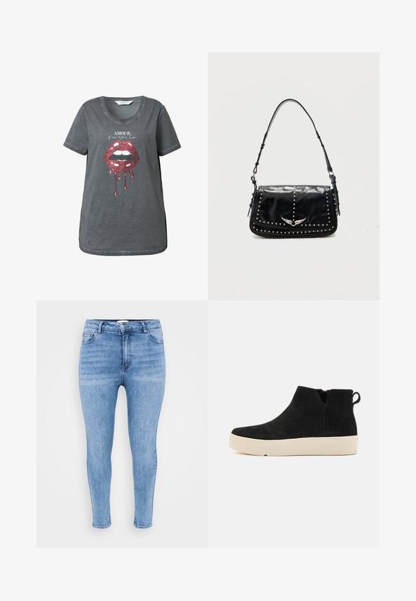 Grå t-shirt med rund halsudskæring, korte ærmer og et design med drippende røde læber, hvor teksten "AMOUR free Your Love" er placeret ovenfor.; Lysblå skinny jeans lavet af denim, med høj talje, fem-lomme design og let falmning langs lårene.; Sorte ruskind ankelstøvler har en hævet beige sål, rund tå, lynlås i siden og en lille strop bagtil for nem påtagning.; Sort læder skuldertaske med sølvlignende nitter og vingeformet metalemblem på frontklappen mod en ensfarvet baggrund.
