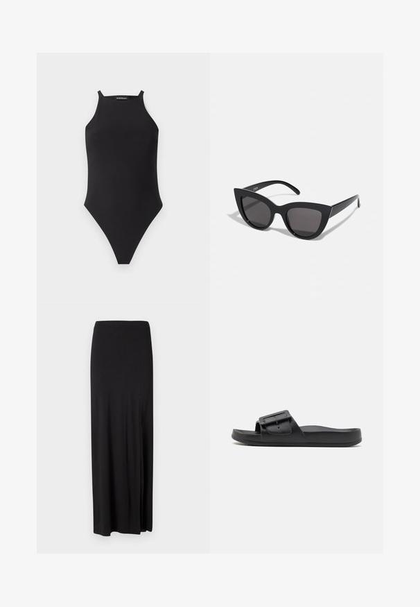 Sort ærmeløs bodysuit med høj hals og tynde skulderstropper på hvid baggrund.; Sort maxi nederdel lavet af blødt, strækbart materiale. Har et sideslids og et enkelt, strømlinet design uden udsmykninger.; Sort sklidesandal med bred rem, justerbart spænde, flad sål og glat mat tekstur. Enkel design uden ekstra mønstre.; Sorte cat-eye solbriller med mat finish, der har grå tonede linser, skarpe vinkler og slanke sidearme. Mærkenavnet er synligt på den indre arm.