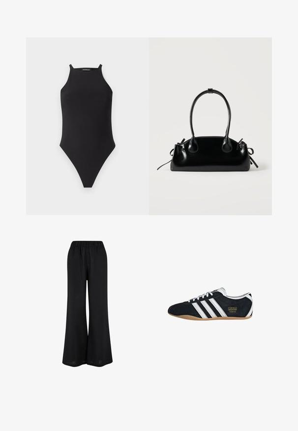 Sort ærmeløs bodysuit med høj hals og tynde skulderstropper på hvid baggrund.; Sorte vide benbukser lavet af et let stof. Har et elastisk talje og en gulvlængde, flydende design.; Sort ruskinds sneaker med hvide tre striber, guldlogo og en brun gummisål. Har et lavprofil snørebåndsdesign.; Lille sort blank håndtaske med to lange håndtag og snøre-detaljer i siden på en ensfarvet lys baggrund.