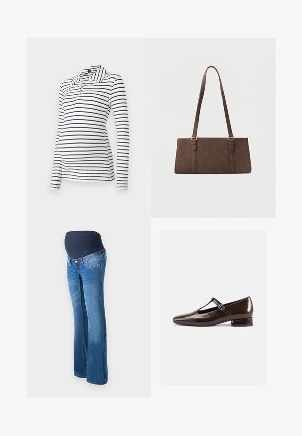 Langærmet graviditetspolo med hvide og navy vandrette stripes, ribbet tekstur og krave med halvknaplukning.; Graviditetsjeans lavet af blå denim, med en mørkeblå strækpanel i taljen, udfoldede ben og klassisk fem-lomme design.; Brune Mary Jane-sko i laklæder med en rundet tå, udskæringsdesign og justerbar rem. Lav blokhæl.; Brun rektangulær skuldertaske med lange stropper og minimale syningsdetaljer på en ensfarvet baggrund.