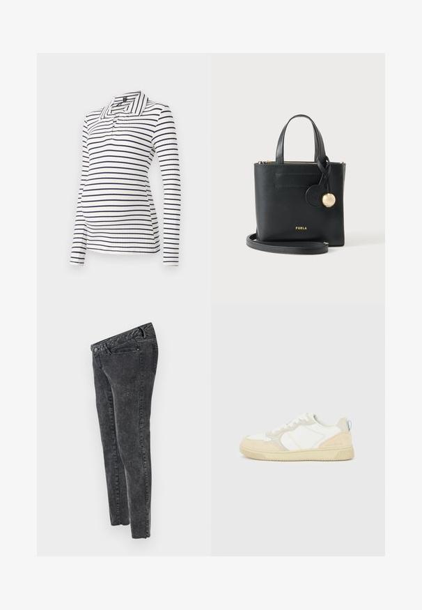 Pikend käised rasedate polo särk, millel on valged ja tumesinised horisontaalsed triibud, ribakujuline tekstuur ja krae, millel on pool-nööbiplokki.; MAMALICIOUS Slim fit Mid waist Raw hems - Liibuvad teksad - grey denim; Valge ja beež vabaajajalats, mille ülemine osa on valmistatud seemisnahast ja tekstiilist, kontrastse õmblusega, kummist tallaga ja hele sinise detailiga kannal.; Must Furla nahast käekott kahe sangaga, eemaldatava õlarihma, kuldse tõmblukuga ja ümmarguse kuldse ripatsiga detailiga.