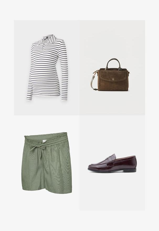 Polo de maternidad de manga larga con rayas horizontales en blanco y azul marino, textura acanalada y un collar con una tapeta de media botonadura.; Pantalones cortos casuales de color verde claro con cinturilla elástica y cordón, hechos de tela ligera y texturizada.; Mocasines de cuero burdeos con un diseño elegante, puntera redondeada y una correa decorativa en el empeine. Suela plana de goma.; Bolso de ante marrón con asas superiores, bolsillo delantero con solapa y detalle de botón, y correa de hombro desmontable sobre fondo liso.