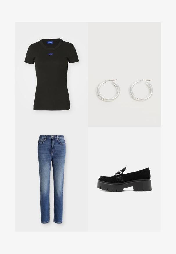T-shirt noir à manches courtes en coton ribbé, avec un badge logo "HUGO" bleu sur le devant. Design classique à col rond.; Jean bleu moyen taille haute à coupe droite avec poches avant, passants de ceinture, fermeture par bouton, et détails légèrement délavés sur les cuisses et les genoux.; Mocassin en daim noir avec semelle à crampons épaisse, détail boucle argentée et inscription "HUGO" en relief sur la lanière latérale, vu de côté extérieur.; Paire de boucles d'oreilles créoles moyennes argentées brillantes avec de fines attaches métalliques sur un fond clair et neutre.